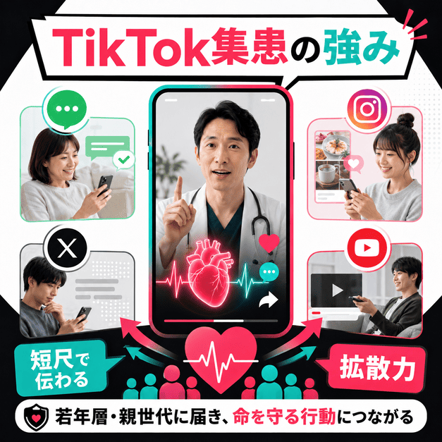 循環器内科クリニックのTikTok集患の強みとして短尺動画の拡散力とSNS連携を示すイラスト