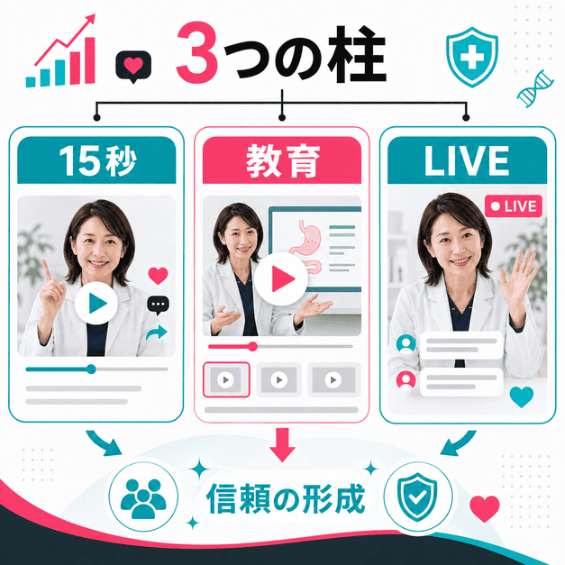 15秒動画、教育動画、LIVE配信の三本柱でリウマチ・膠原病科の信頼形成を進めるイラスト
