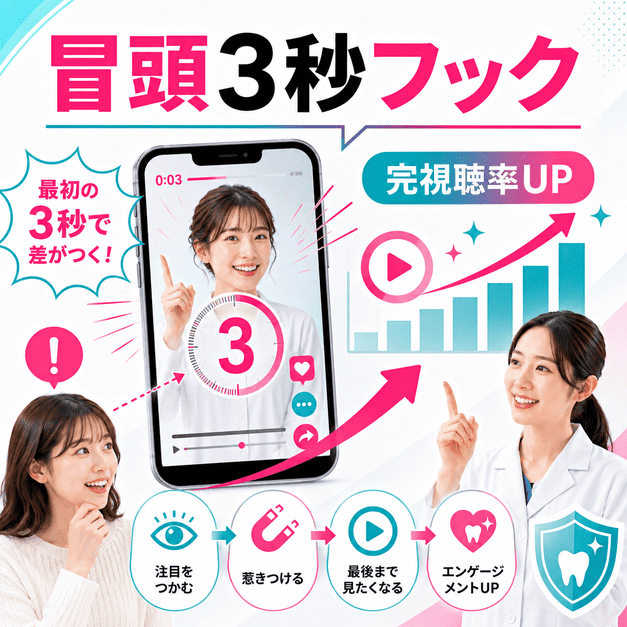 冒頭3秒のフックで視聴者の注目を集め、完視聴率向上を目指す審美歯科TikTok運用のイメージ