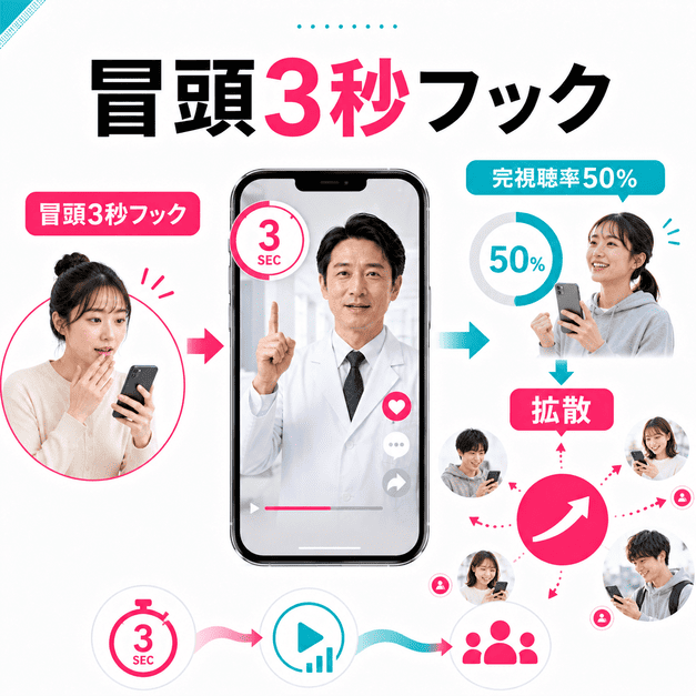 冒頭3秒のフックと完視聴率50パーセントを意識して動画の拡散を狙う短尺動画運用のイメージ