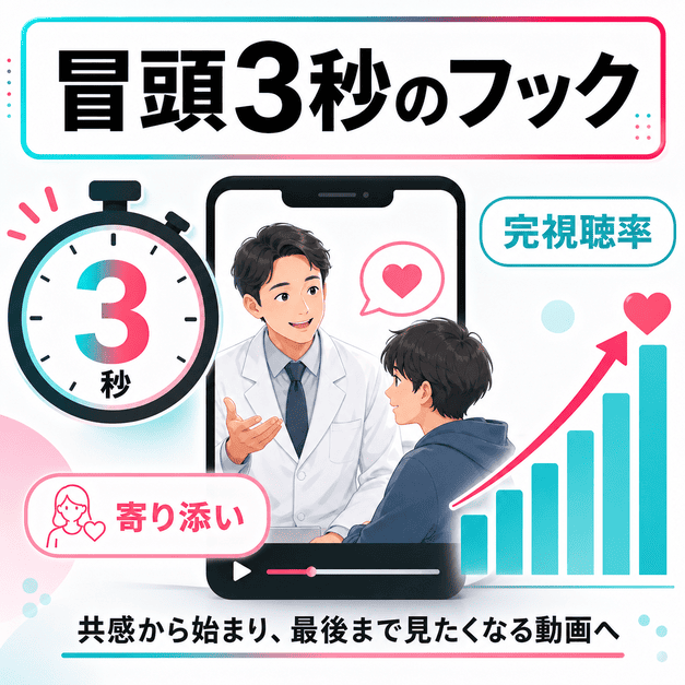冒頭3秒のフックと完視聴率を意識したTikTok動画改善を表したイラスト