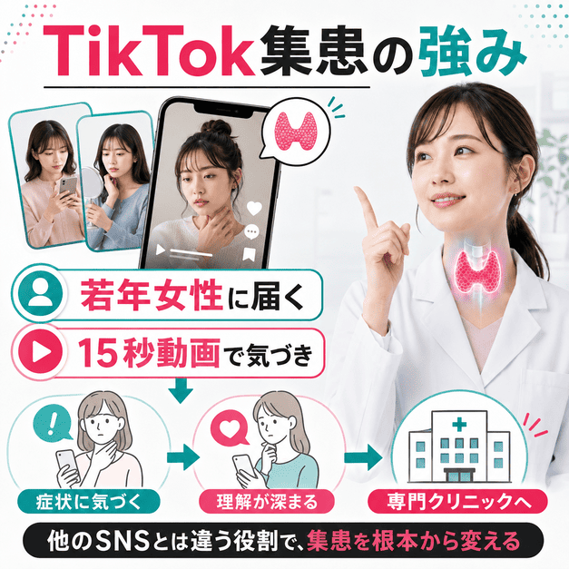 TikTokの短尺動画を通じて若年女性が甲状腺の不調に気づき、専門クリニックへつながる流れを示したイラスト
