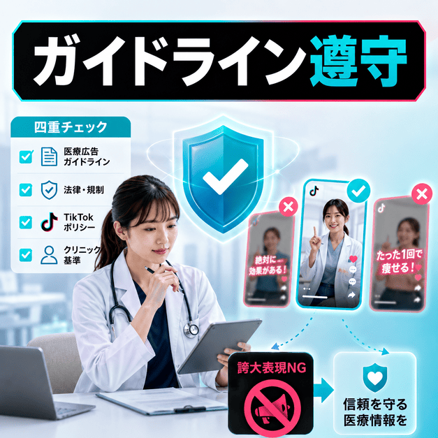 医療広告ガイドラインとTikTokポリシーを確認しながら誠実な医療情報を発信するイラスト