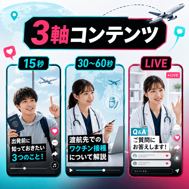 15秒動画、30〜60秒の教育動画、TikTok LIVEを使い分けるトラベルクリニックの動画設計イラスト