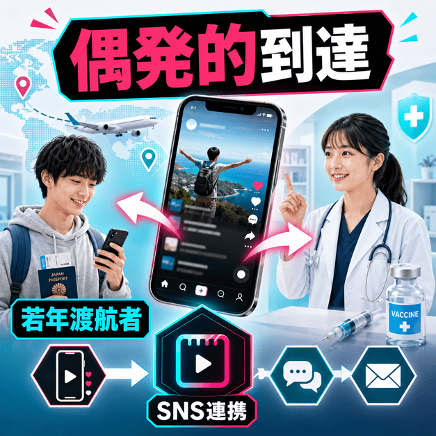 TikTokのおすすめ経由で若年渡航者にトラベルクリニックの情報が偶然届く流れを示すイラスト