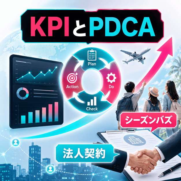 KPIダッシュボードとPDCAサイクルで渡航シーズンの反応と法人契約を伸ばすイラスト