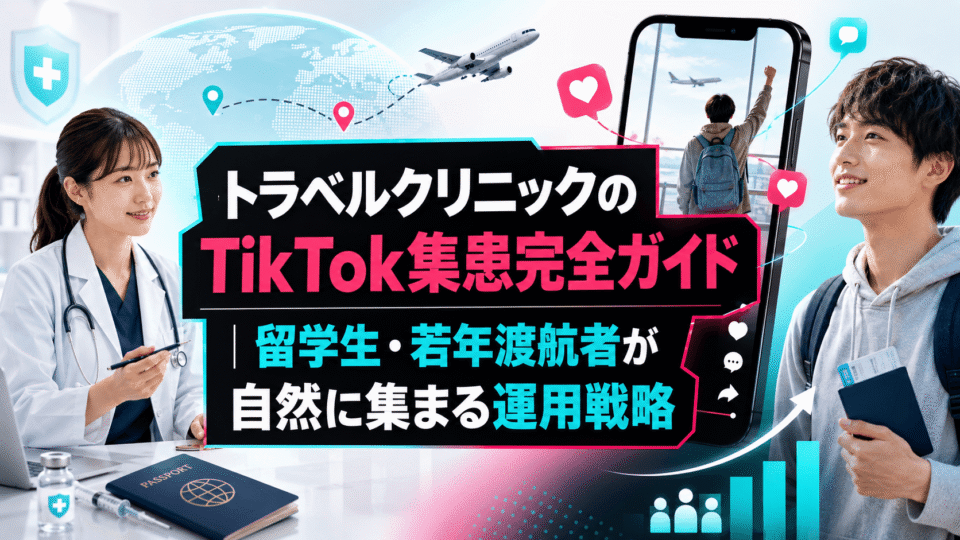 トラベルクリニックのTikTok集患戦略を表す医師と若年渡航者、スマホ動画、世界地図のイメージ