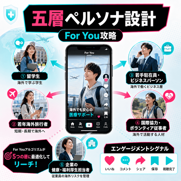 留学生、若年旅行者、駐在員候補、国際協力従事者、法人担当者の五層ペルソナをスマホ動画でつなぐイラスト