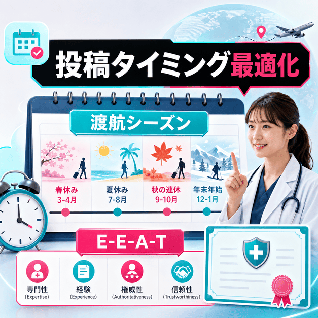 渡航シーズンに合わせた投稿タイミングとE-E-A-T訴求をカレンダーで示すイラスト