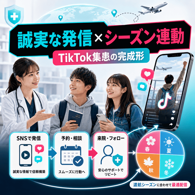 誠実な発信と渡航シーズン連動でトラベルクリニックのTikTok集患を完成させるまとめイラスト