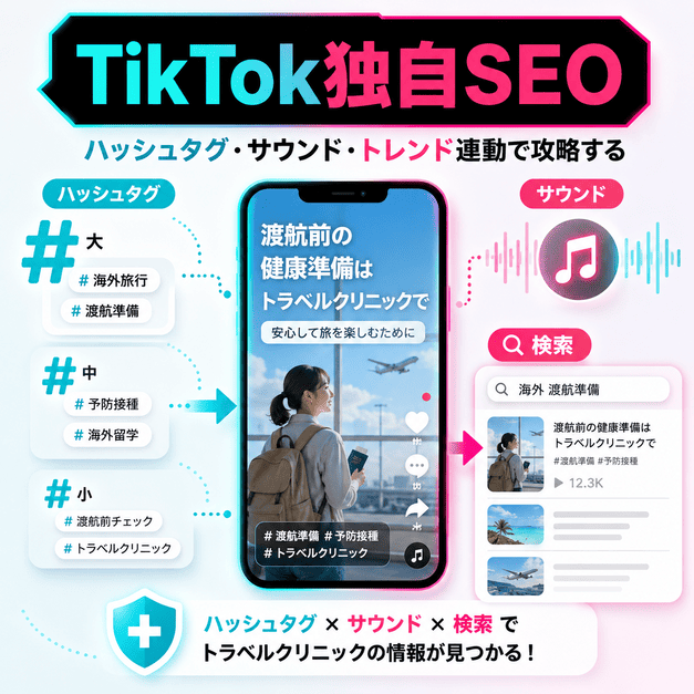 ハッシュタグ、サウンド、検索を組み合わせてトラベルクリニック情報を見つけやすくするイラスト