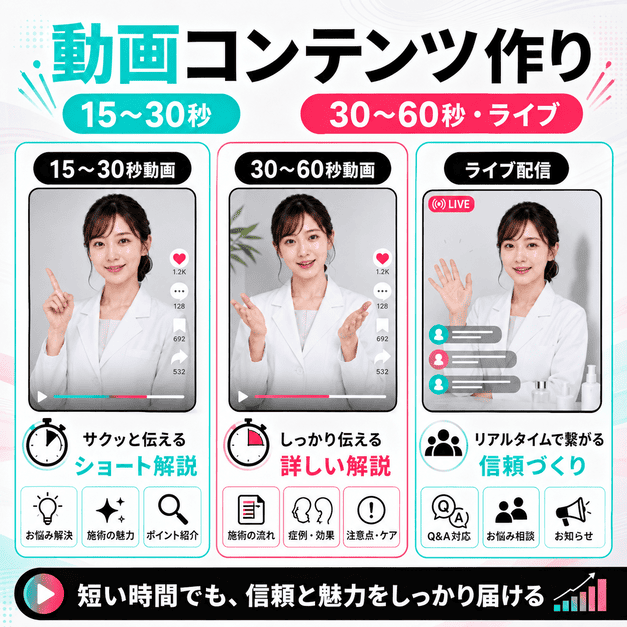 美容皮膚科のTikTok動画で15秒から60秒の短尺動画やライブ配信を使い分ける方法を示したイラスト