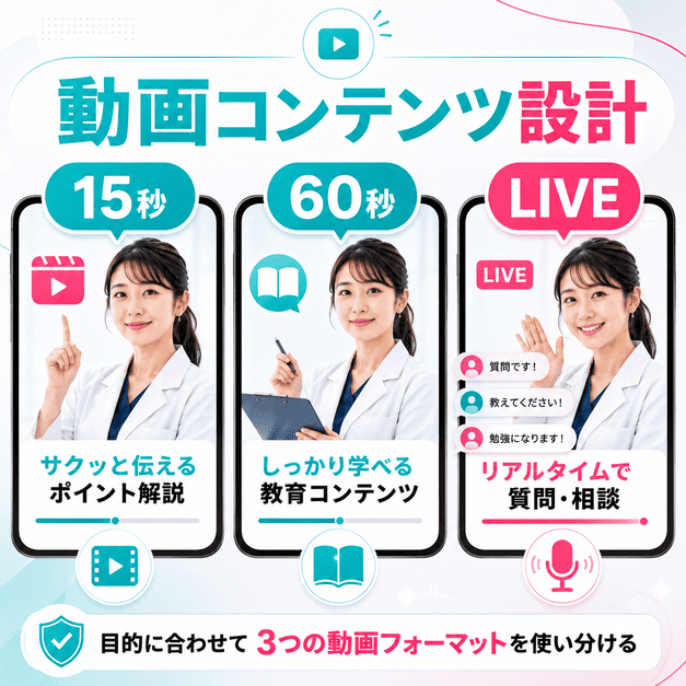 15秒動画、60秒動画、LIVE配信を使い分けて医療情報を届ける動画コンテンツ設計を表したイラスト