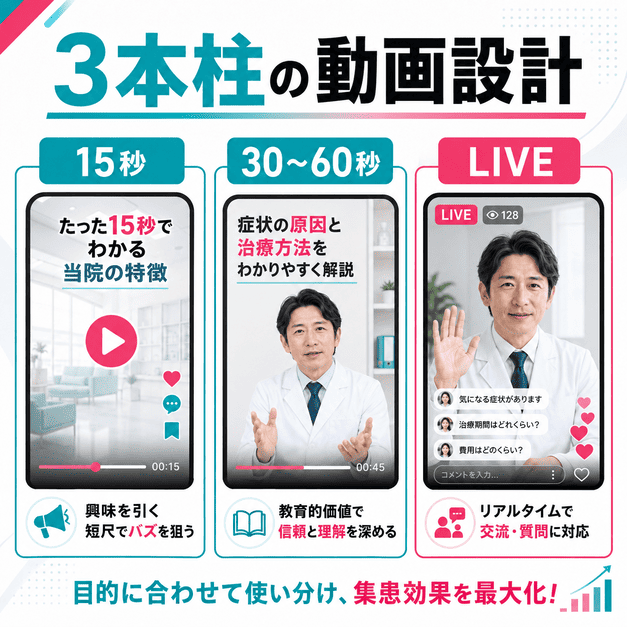 15秒動画、30〜60秒の教育動画、LIVE配信を使い分けて健診クリニックの動画コンテンツを設計する様子を表したイラスト