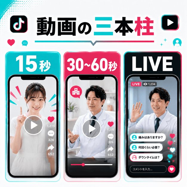 15秒動画、30〜60秒の教育動画、TikTok LIVEの三本柱で医療脱毛動画を設計する様子を示したイラスト