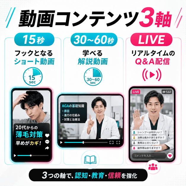 15秒動画、30〜60秒の解説動画、LIVE配信の3軸でAGAクリニックの動画コンテンツを設計する様子を表したイラスト
