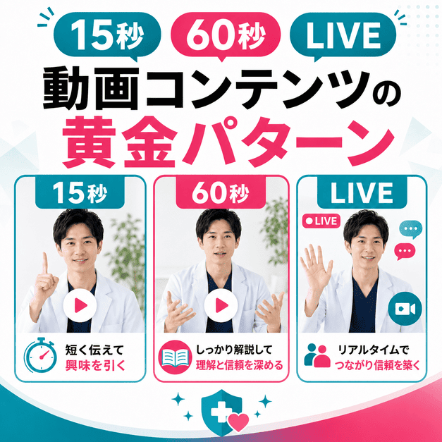 15秒動画、60秒教育動画、LIVE配信で医師が信頼を積み上げる動画コンテンツ設計を示したイラスト