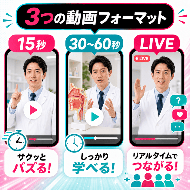 15秒動画、30〜60秒動画、LIVE配信の3つの形式で専門医がアレルギー情報を発信する様子