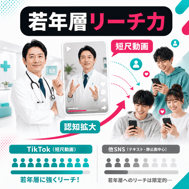 総合内科クリニックが短尺動画で若年層へリーチし、認知拡大につなげる様子を示したイラスト