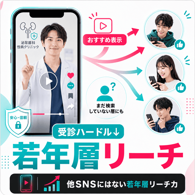 TikTokのおすすめ表示で若年層に泌尿器科・性病クリニックの情報が届く様子を表したイラスト