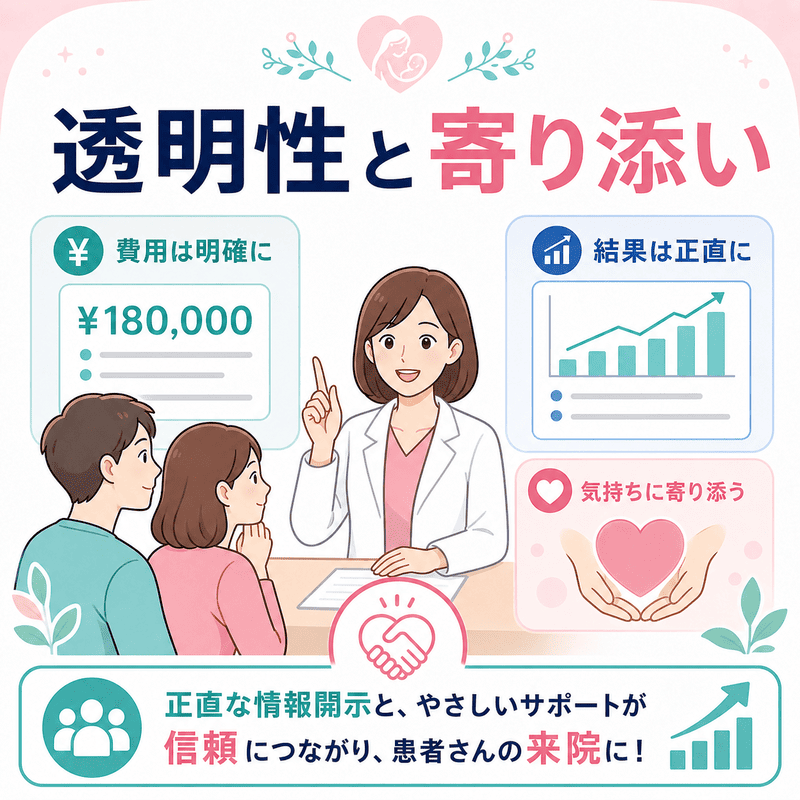 費用や治療実績の透明な情報開示と患者に寄り添うサポートが信頼につながることを示した図