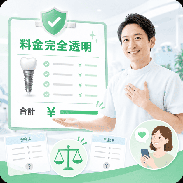 インプラント治療の料金を明確に示すボードと、誠実に説明する歯科医師を描いたイラスト