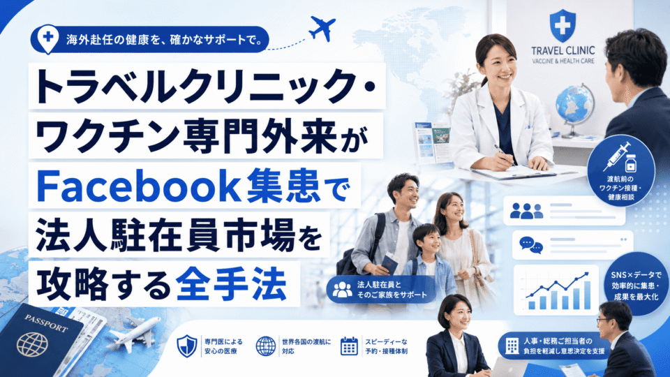 トラベルクリニックがFacebook集患で法人駐在員市場を攻略する方法を表したアイキャッチ画像