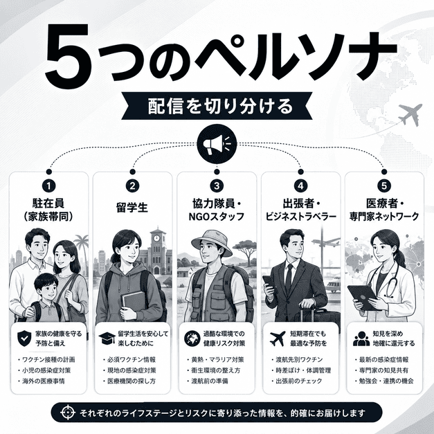 駐在員家族、留学生、協力隊員、出張者、医療者ネットワークの5つのペルソナ別に配信を分ける様子を示したイラスト