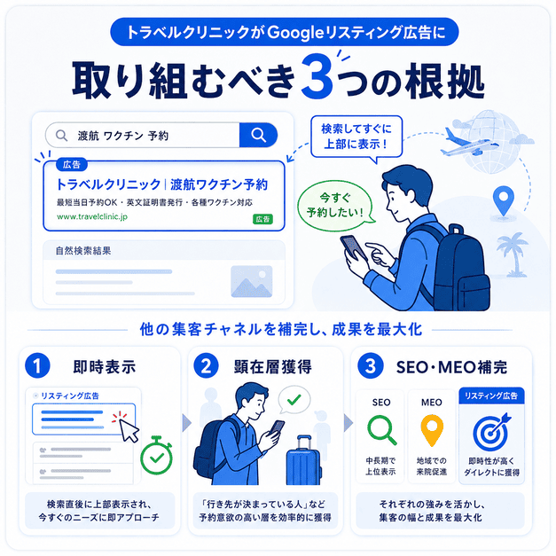 トラベルクリニックがGoogleリスティング広告に取り組むべき即時表示や顕在層獲得の根拠を示す図解