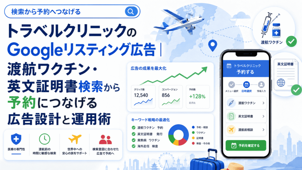 トラベルクリニックのGoogleリスティング広告で渡航ワクチンや英文証明書検索から予約につなげる流れを示したアイキャッチ画像