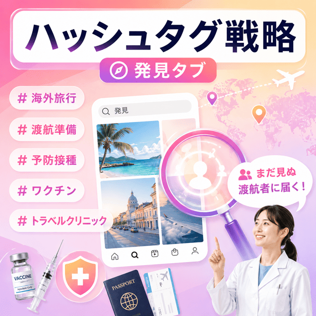 ハッシュタグと発見タブを活用して、まだ来院していない海外渡航者へ情報を届ける様子を示すイラスト