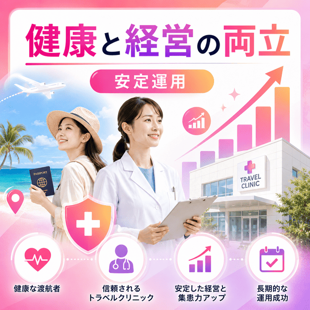 トラベルクリニックのInstagram運用により、渡航者の健康支援と安定した集患・経営を両立する様子を示すイラスト