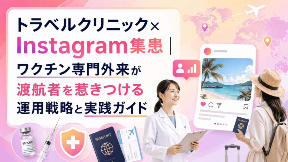 トラベルクリニックのInstagram集患戦略を表す、医師・渡航者・ワクチン・SNS投稿を組み合わせたアイキャッチ画像