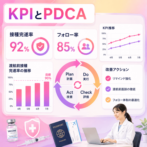 渡航前接種完遂率やフォロー率をダッシュボードで確認し、PDCAを回す様子を示すイラスト