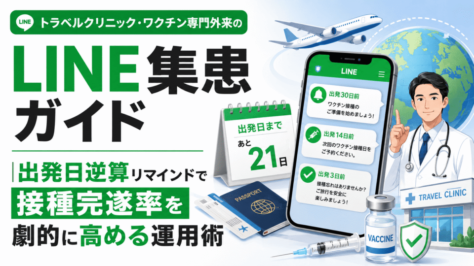 トラベルクリニック・ワクチン専門外来のLINE集患で、出発日逆算リマインドと接種管理を説明するアイキャッチ画像
