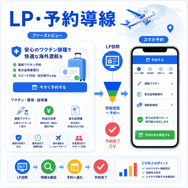 渡航前予約や英文証明書発行につなげるLPのファーストビューとスマホ予約導線を示す図解