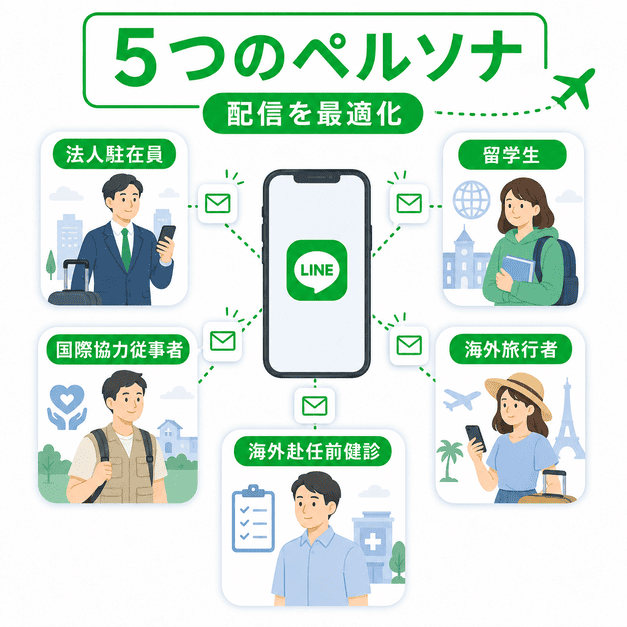法人駐在員・留学生・海外旅行者など5つのペルソナに合わせてLINE配信を最適化する図