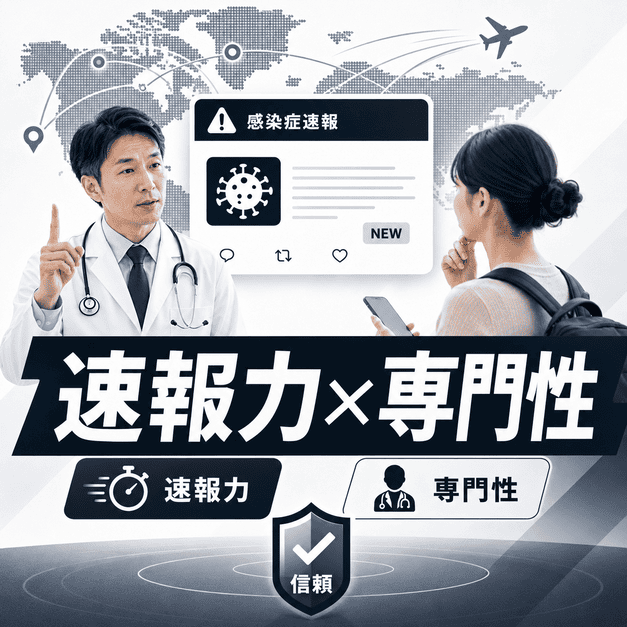 医師が海外感染症速報をもとに渡航者へ説明し、速報力と専門性で信頼を高めるトラベルクリニックのX運用を示したイラスト