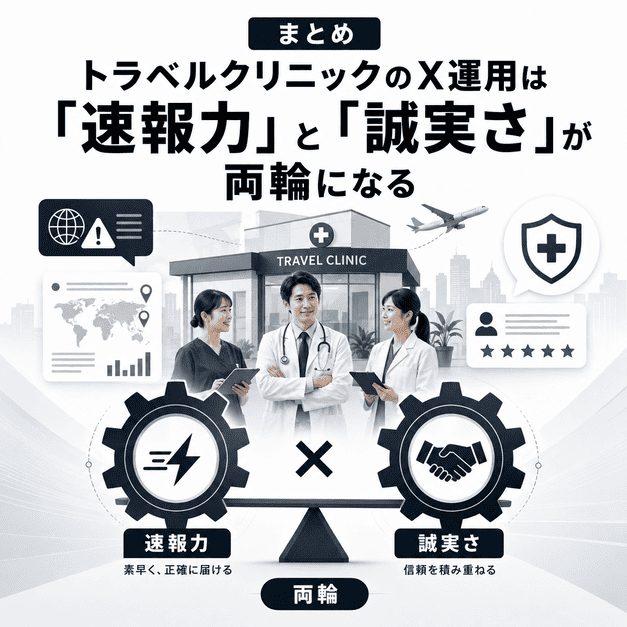 トラベルクリニックのX運用で、速報力と誠実さを両輪として信頼を築くまとめイメージ