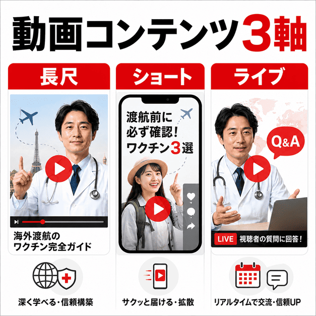 長尺動画、ショート動画、ライブ配信の3軸でトラベルクリニックの動画コンテンツを組み立てる様子を示したイラスト