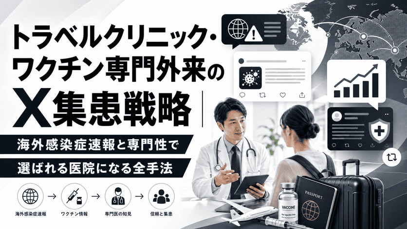トラベルクリニックのX集患戦略として、海外感染症速報、ワクチン情報、医師の専門性を組み合わせて示したアイキャッチ画像