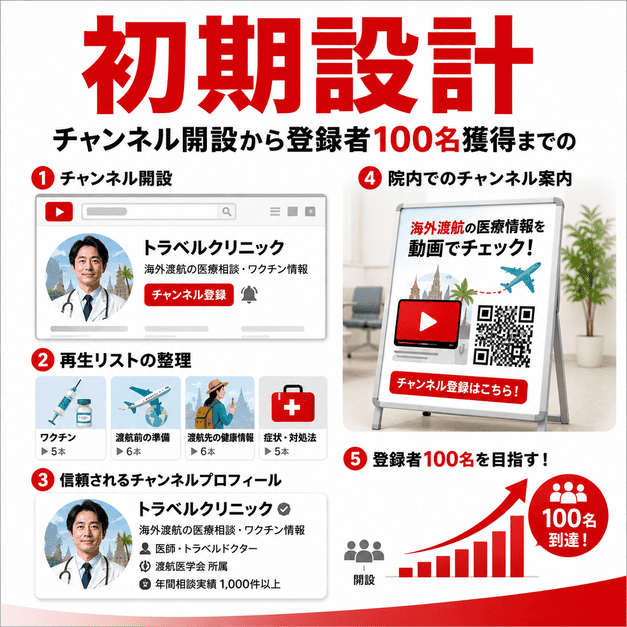 トラベルクリニックのYouTubeチャンネル開設、再生リスト整理、院内QR案内、登録者100名獲得までの初期設計を示したイラスト