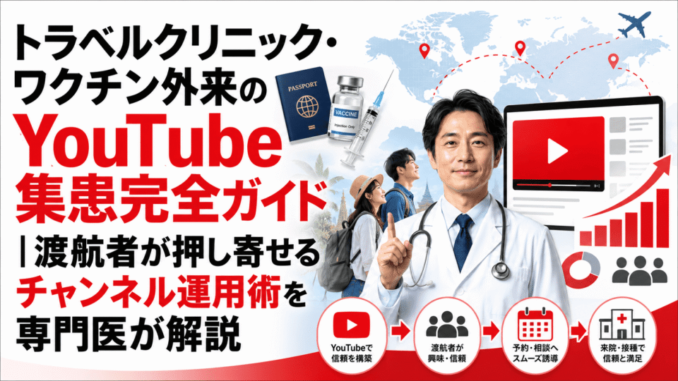 トラベルクリニック・ワクチン外来のYouTube集患戦略を、専門医・渡航者・動画配信・予約導線で表現した画像
