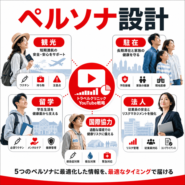 観光客、駐在員、留学生、国際協力従事者、法人担当者に向けたYouTube配信設計を示したイラスト