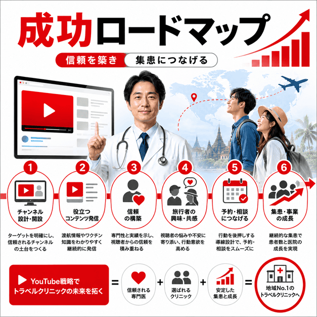 トラベルクリニックのYouTube集患を成功に導くための信頼構築、予約導線、継続的な成長ロードマップを示したイラスト