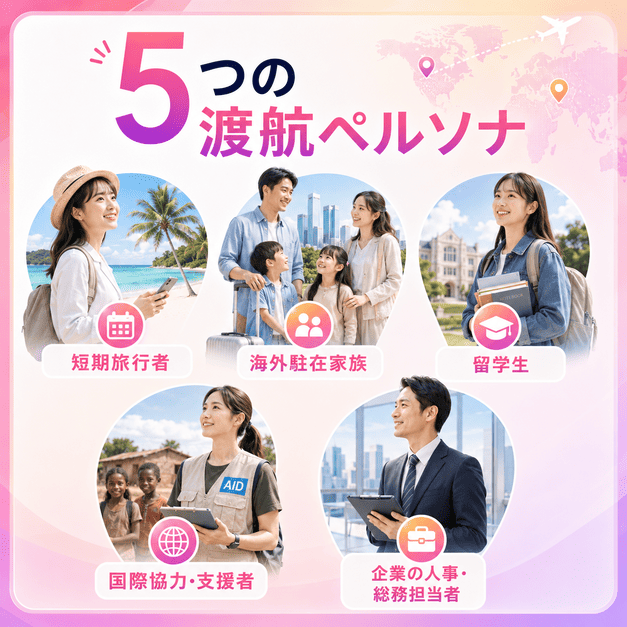 短期旅行者・海外駐在家族・留学生・国際協力者・企業人事担当者の5つの渡航ペルソナを示すイラスト