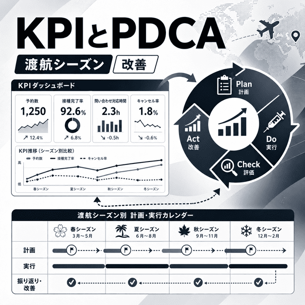 渡航シーズンごとのKPIダッシュボードとPDCAサイクルでX運用を改善する様子を示したイラスト