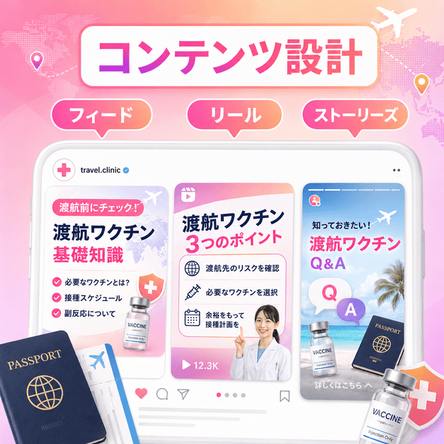 フィード・リール・ストーリーズを使い分けて渡航ワクチン情報を届けるInstagramコンテンツ設計のイラスト