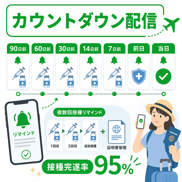 出発90日前から当日までのカウントダウン配信と複数回接種リマインドで接種完遂率を高める図