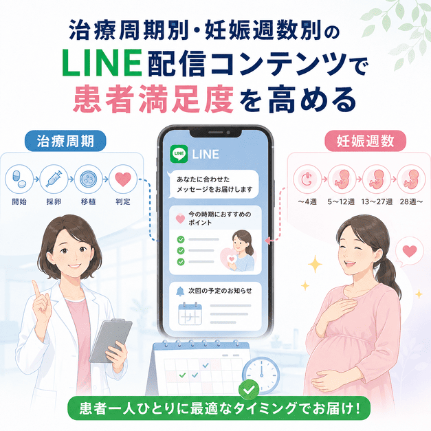 治療周期別と妊娠週数別にLINE配信を出し分け、患者一人ひとりに最適なタイミングで情報を届ける仕組みを示したイラスト